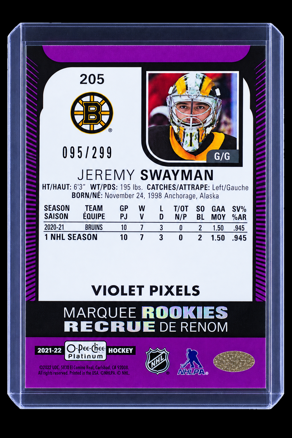 21-22 O-Pee-Chee Marquee Rookies Jeremy Swayman Violet Pixel 095/299