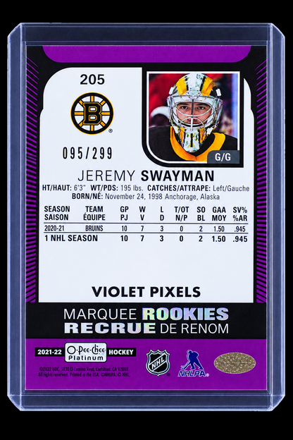 21-22 O-Pee-Chee Marquee Rookies Jeremy Swayman Violet Pixel 095/299